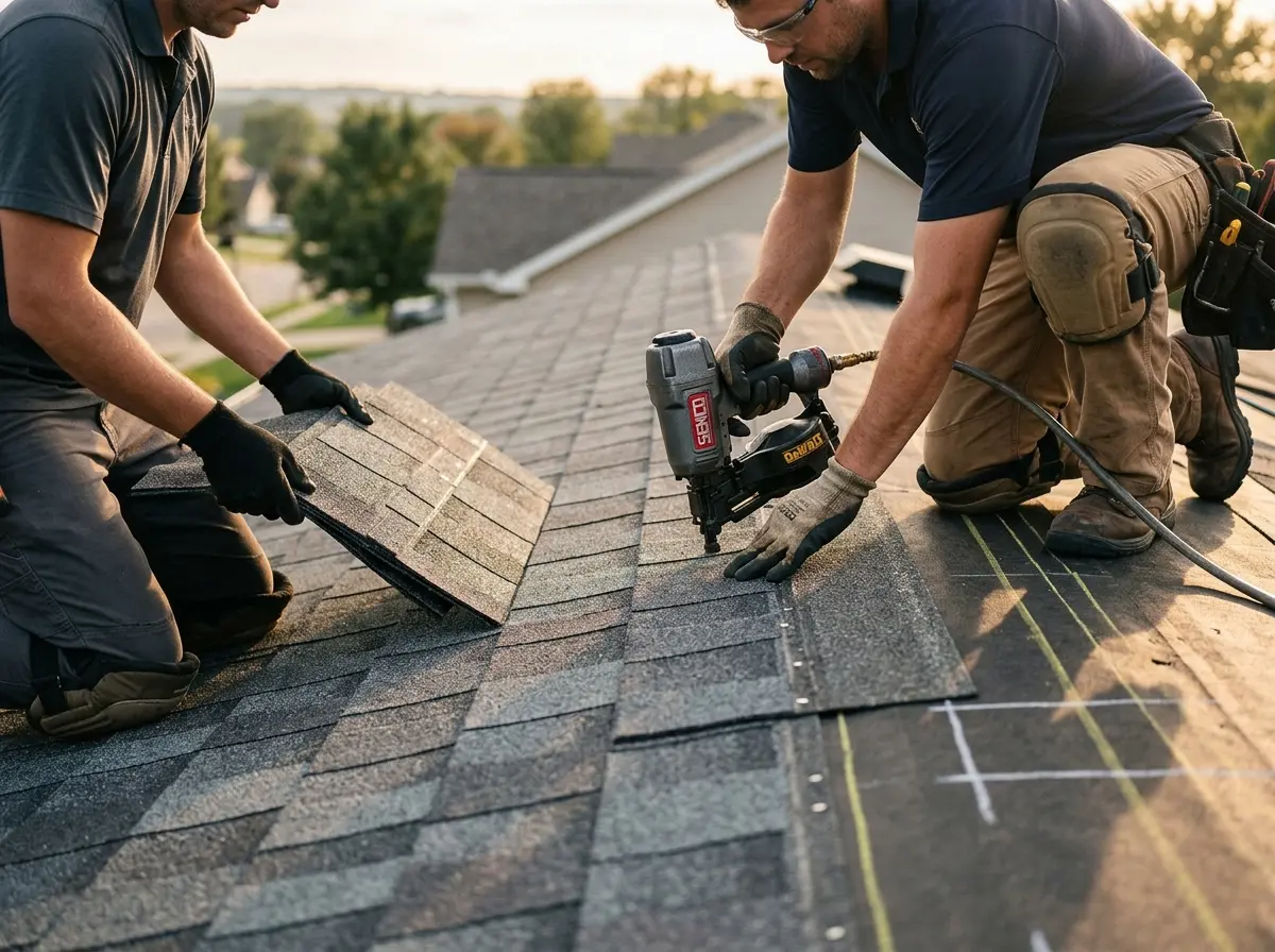 Professional roofer working on a residential roof in Bainbridge Island